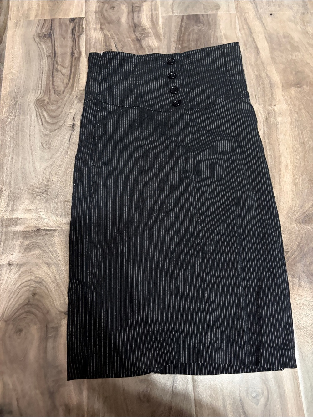 Costa Blanca Black Pinstripe High-Waist Pencil Skirt with Front Buttons